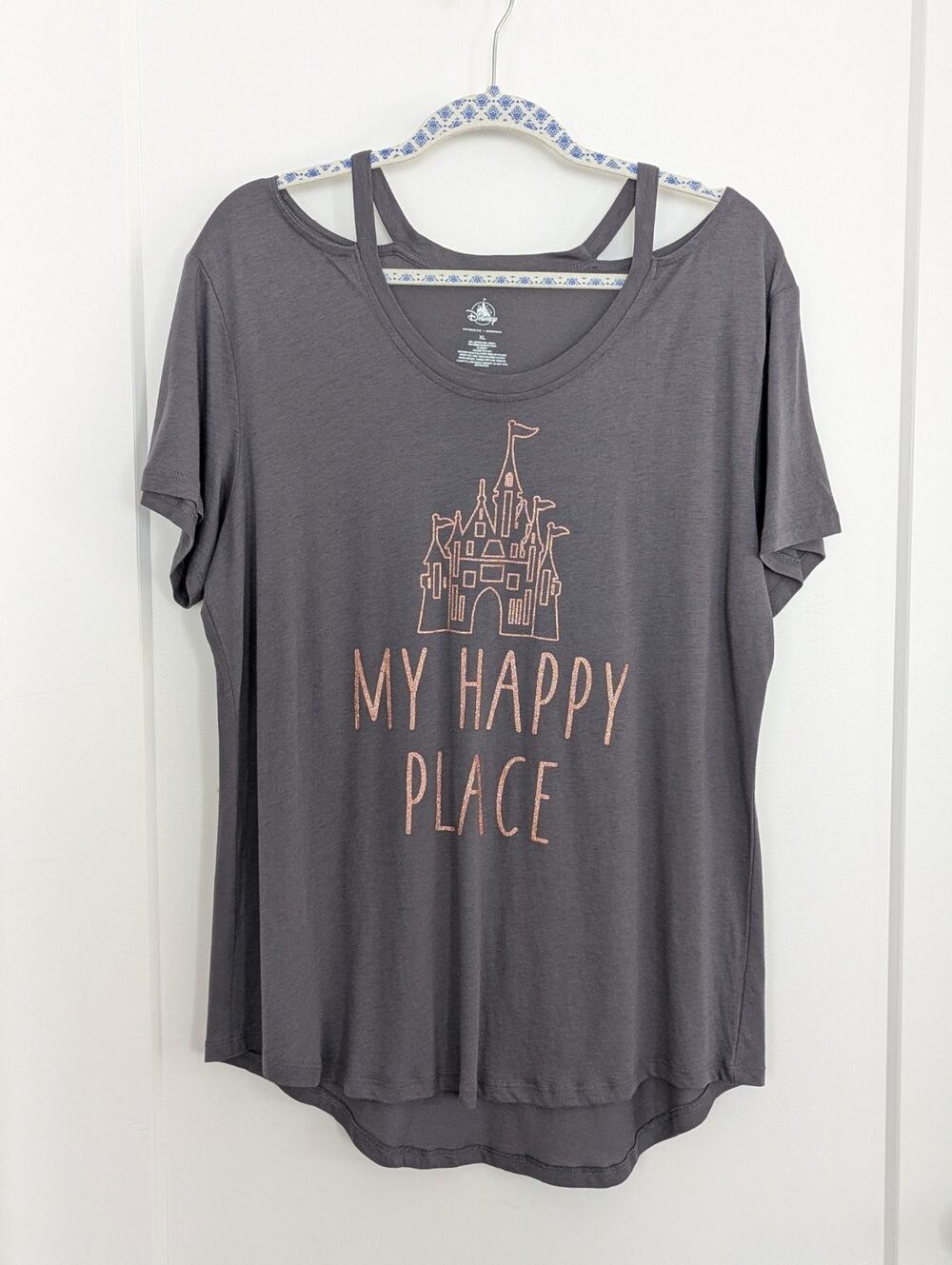 Disney Parks My Happy Place Castle Peek A Boo Shoulder Gray Shirt Size XL EUC